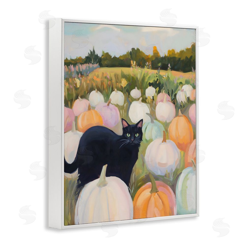 The Prints Vibe Kitten & Pumpkins in Field White Framed Giclee Wall Art