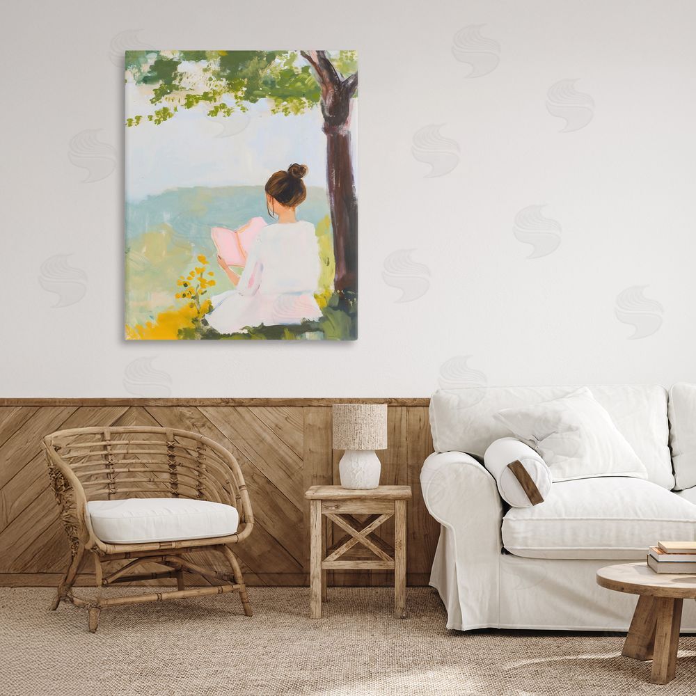The Prints Vibe Girl Reading in Nature Stretched Canvas Wall Art in Room