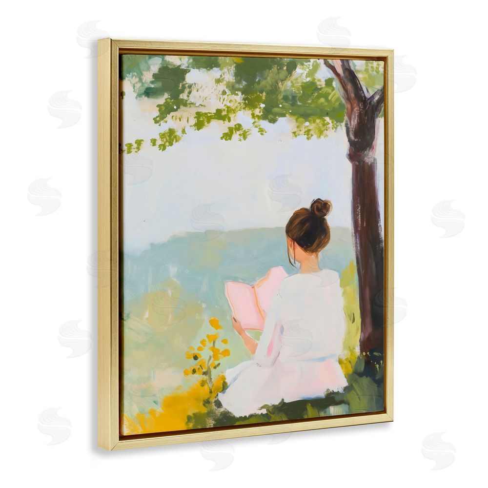 The Prints Vibe Girl Reading in Nature Gold Floating Framed Canvas Wall Art