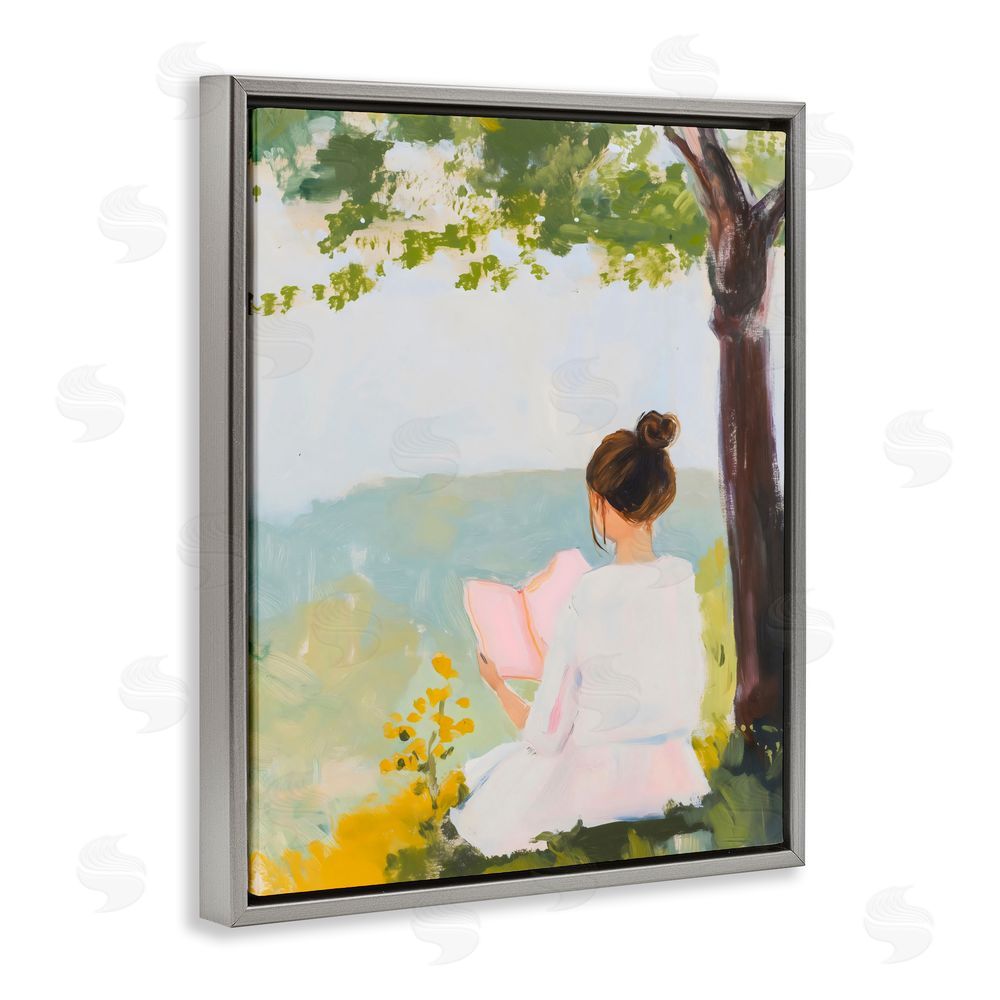 The Prints Vibe Girl Reading in Nature Gray Floating Framed Canvas Wall Art