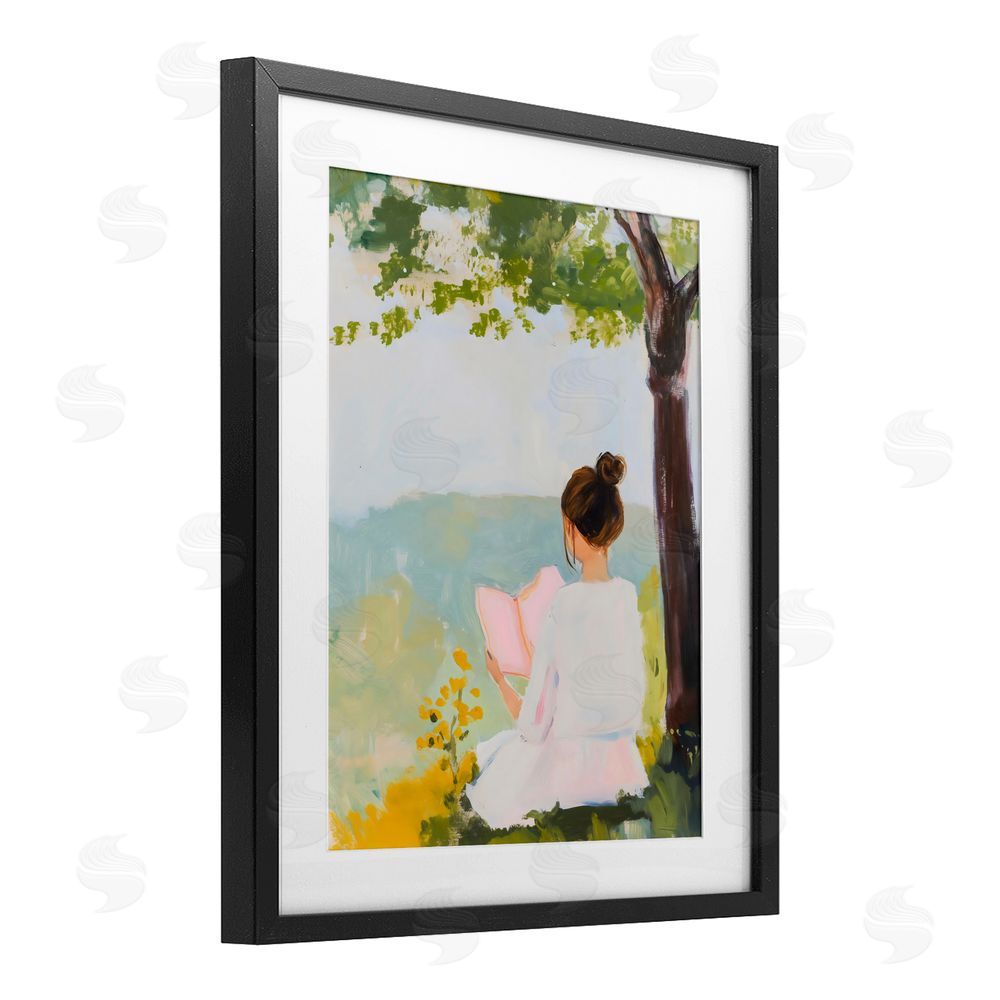 The Prints Vibe Girl Reading in Nature Black Framed Print Under Glass Wall Art
