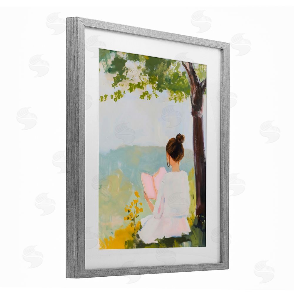 The Prints Vibe Girl Reading in Nature Gray Framed Print Under Glass Wall Art