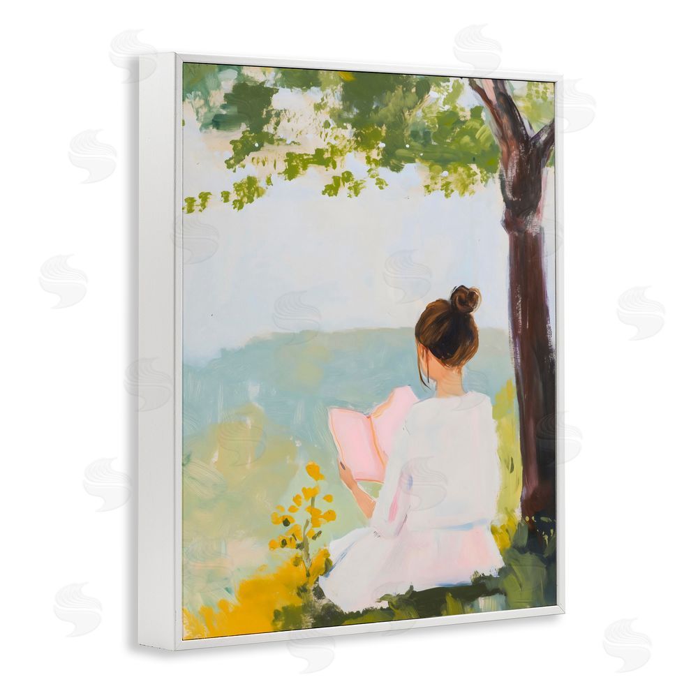 The Prints Vibe Girl Reading in Nature White Framed Giclee Wall Art