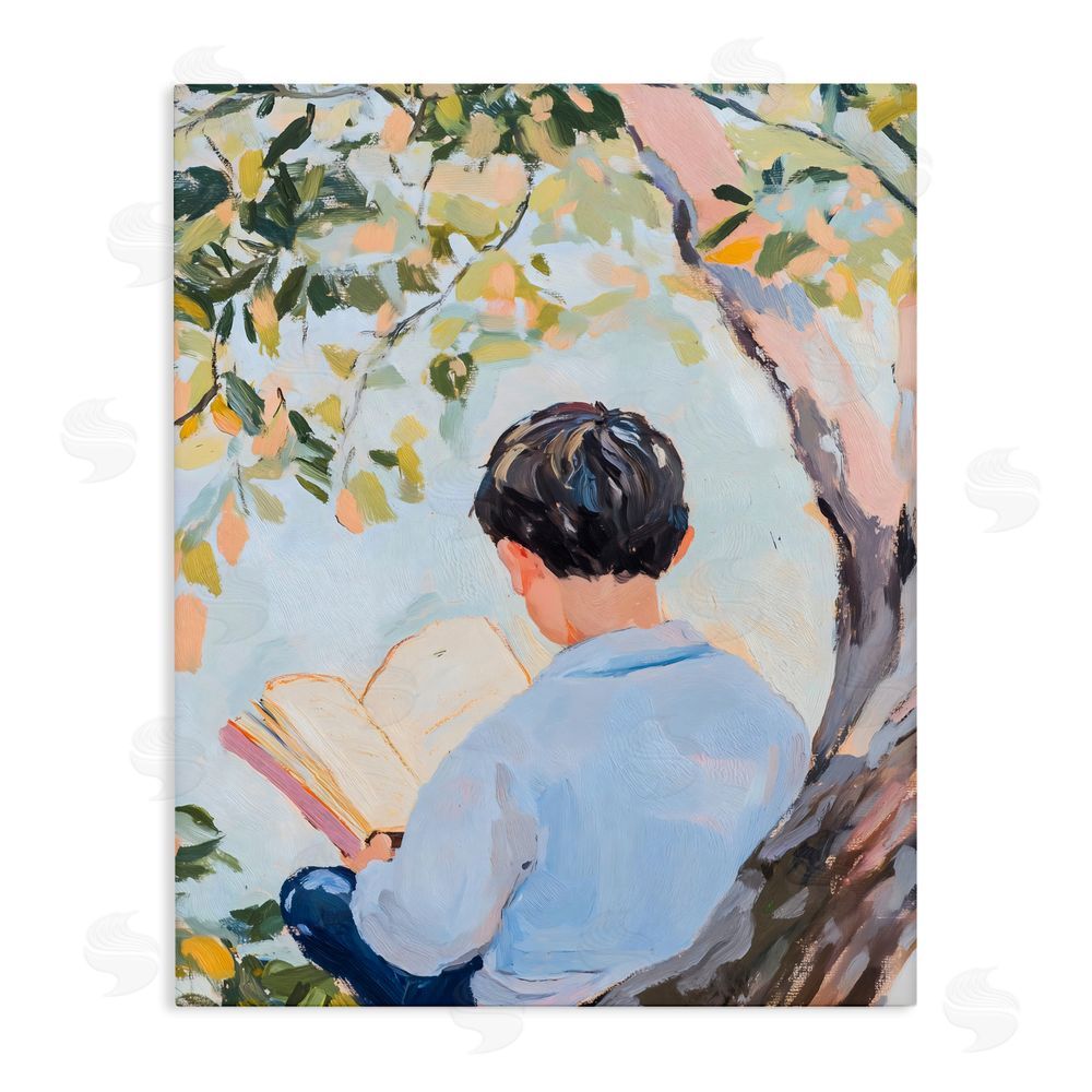 The Prints Vibe Boy Reading in Nature Stretched Canvas Wall Art Print