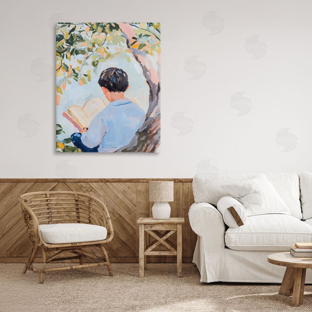The Prints Vibe Boy Reading in Nature Stretched Canvas Wall Art Print in Room