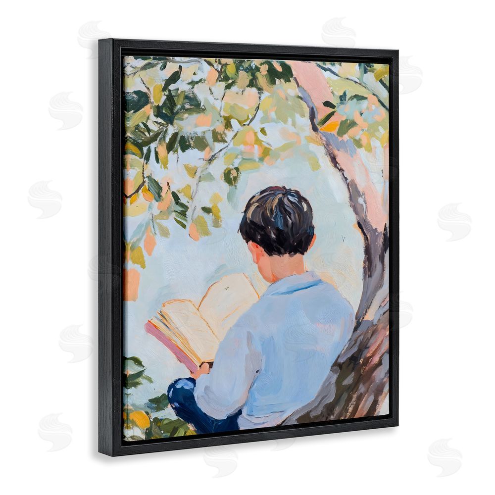 The Prints Vibe Boy Reading in Nature Black Floating Frame Stretched Canvas Wall Art Print
