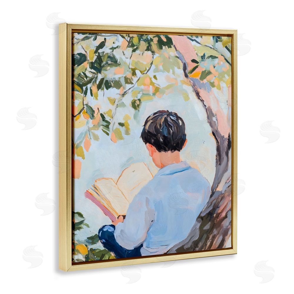The Prints Vibe Boy Reading in Nature Gold Floating Frame Stretched Canvas Wall Art Print