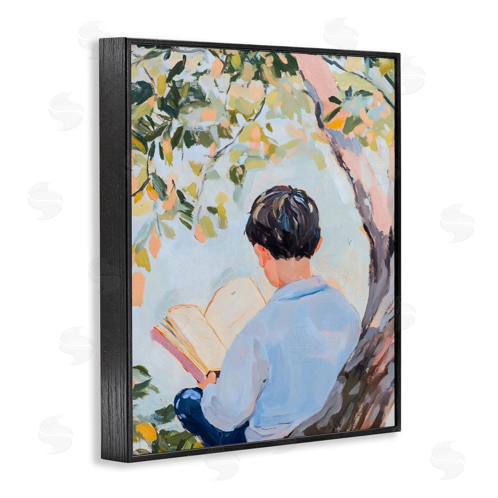 The Prints Vibe Boy Reading in Nature Black Framed Giclee Wall Art Print