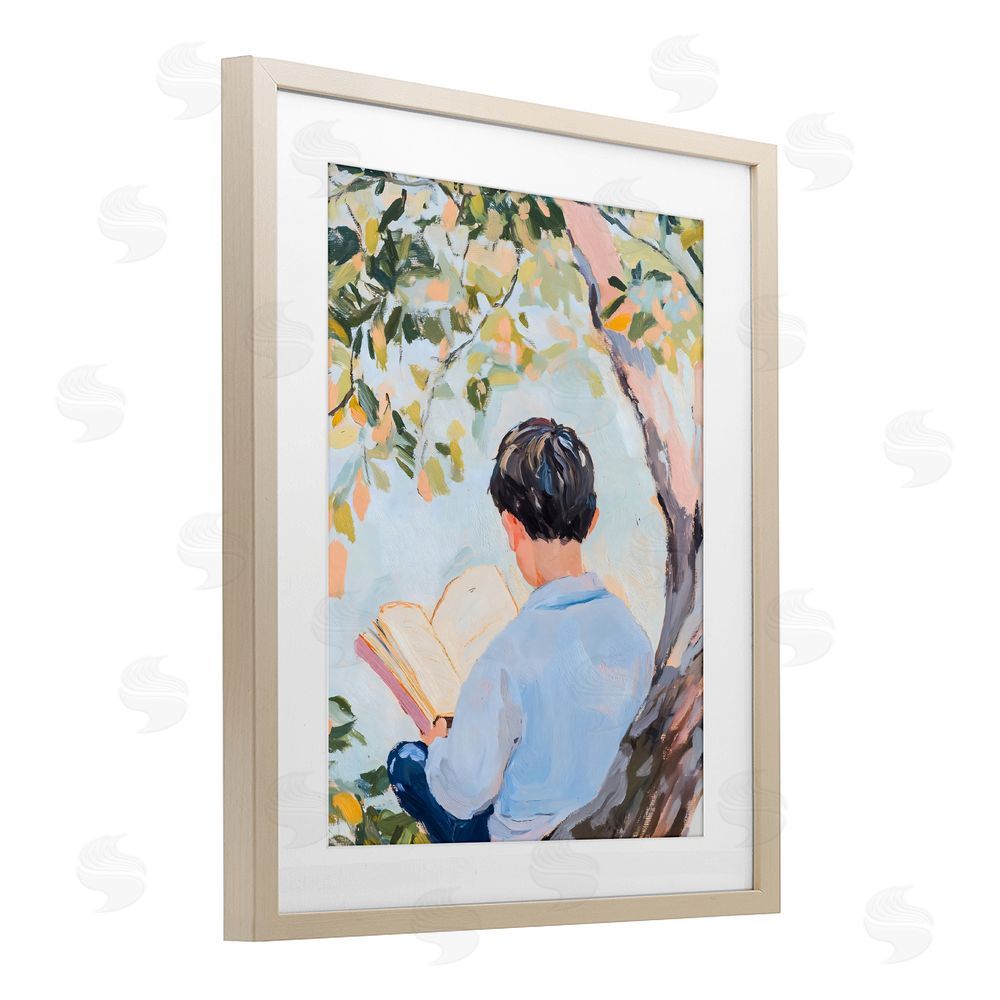 The Prints Vibe Boy Reading in Nature Brown Framed Print Under Glass with Matting Wall Art