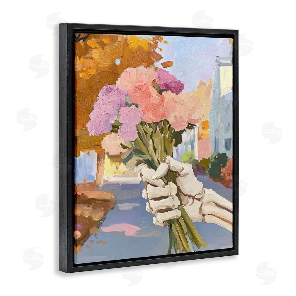The Prints Vibe Skeleton Hand Holding Flowers Black Floating Framed Canvas Wall Art Print