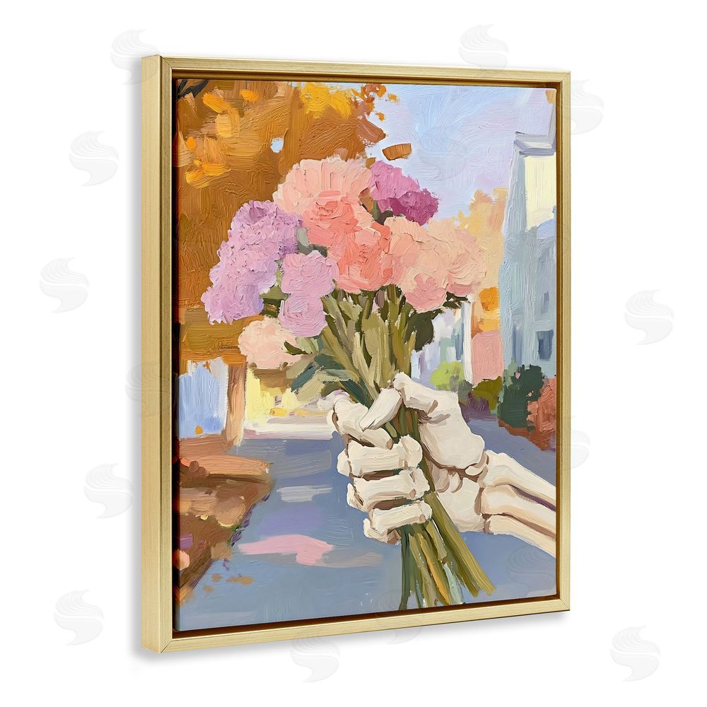 The Prints Vibe Skeleton Hand Holding Flowers Gold Floating Framed Canvas Wall Art Print