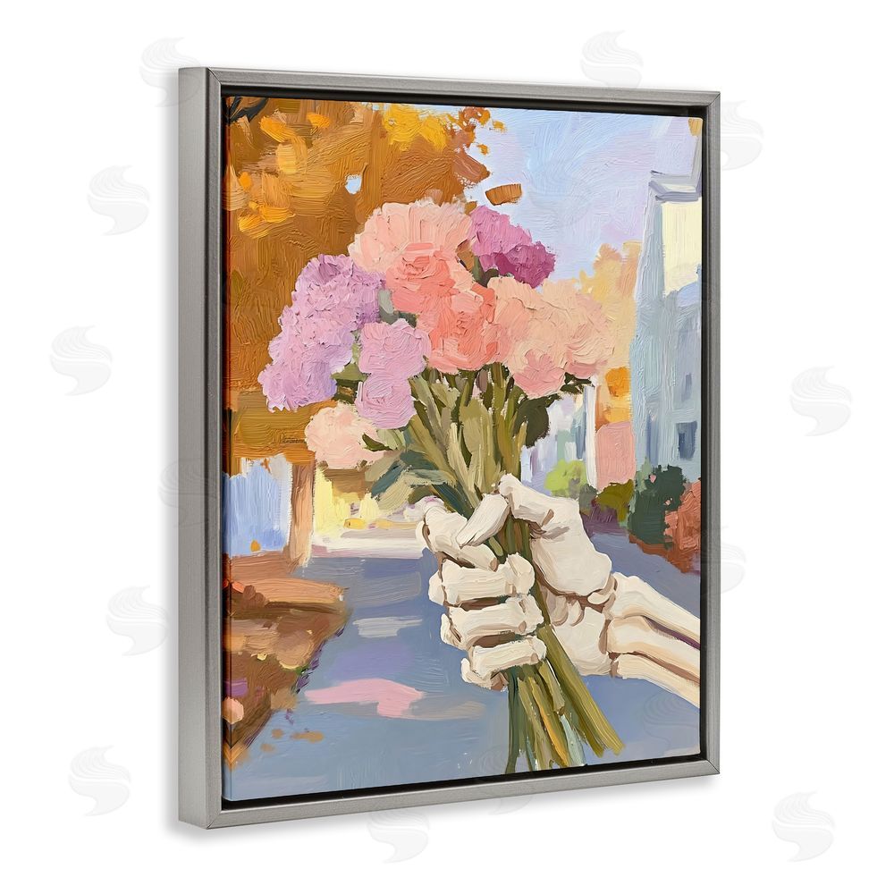 The Prints Vibe Skeleton Hand Holding Flowers Gray Floating Framed Canvas Wall Art Print