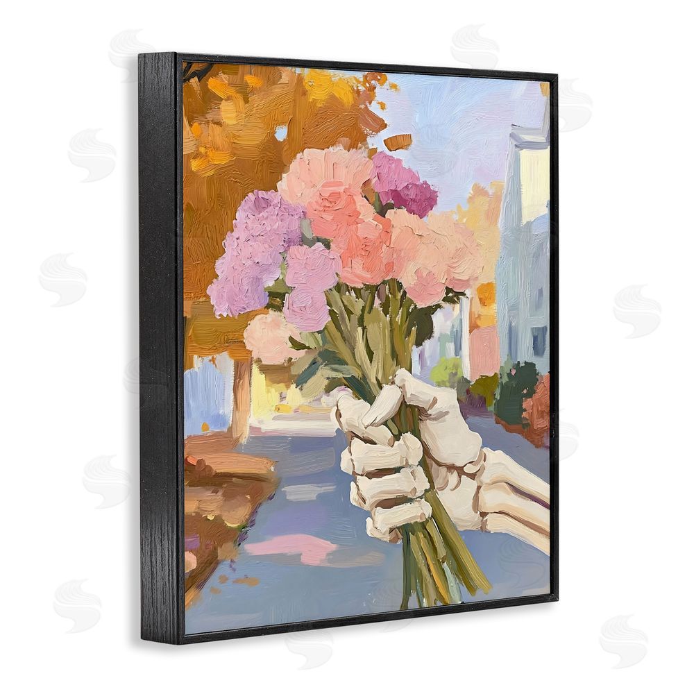 The Prints Vibe Skeleton Hand Holding Flowers Black Framed Giclee Wall Art Print