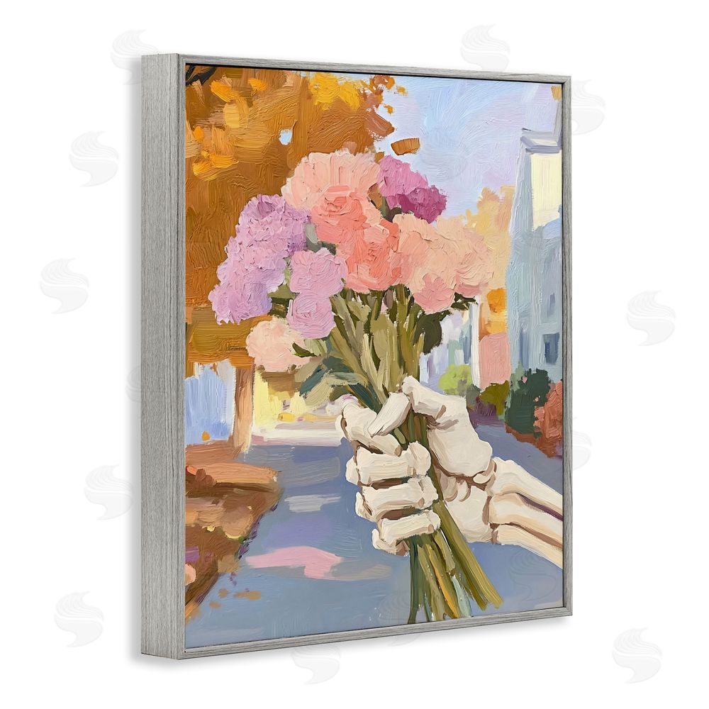 The Prints Vibe Skeleton Hand Holding Flowers Gray Framed Giclee Wall Art Print