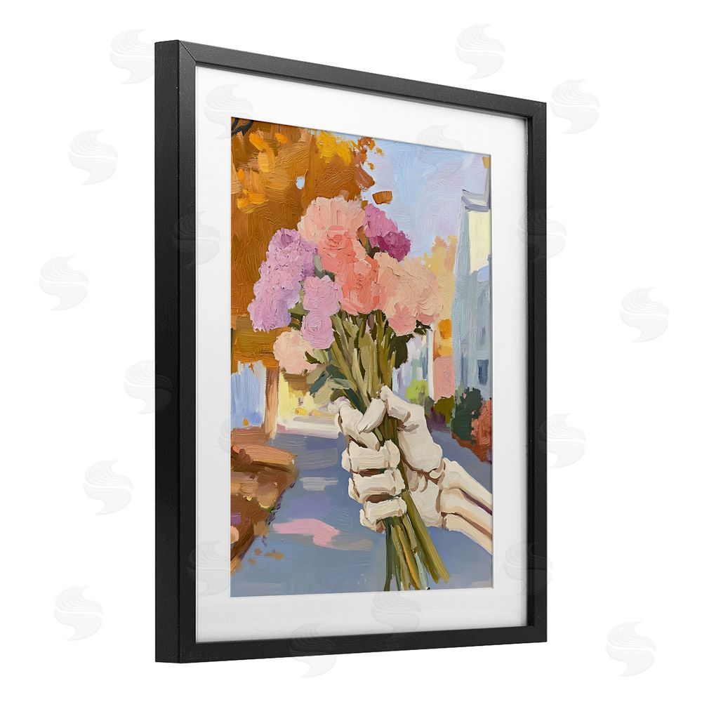 The Prints Vibe Skeleton Hand Holding Flowers Black Framed Print Under Glass with White Mat Wall Art