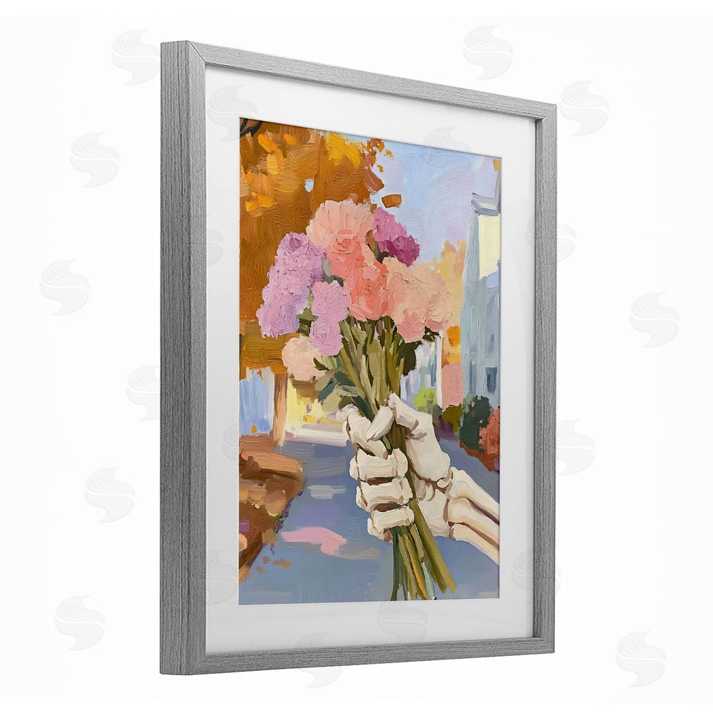 The Prints Vibe Skeleton Hand Holding Flowers Gray Framed Print Under Glass with White Mat Wall Art