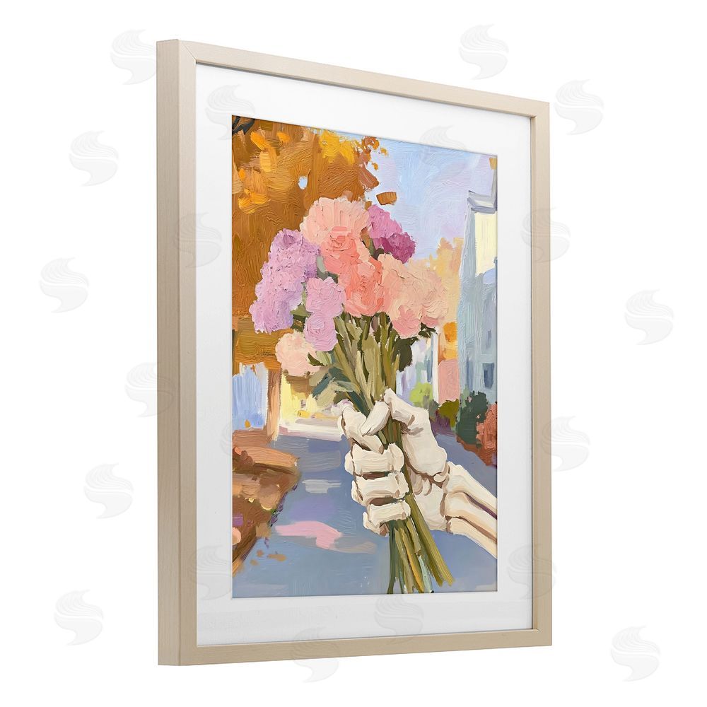 The Prints Vibe Skeleton Hand Holding Flowers Brown Framed Print Under Glass with White Mat Wall Art