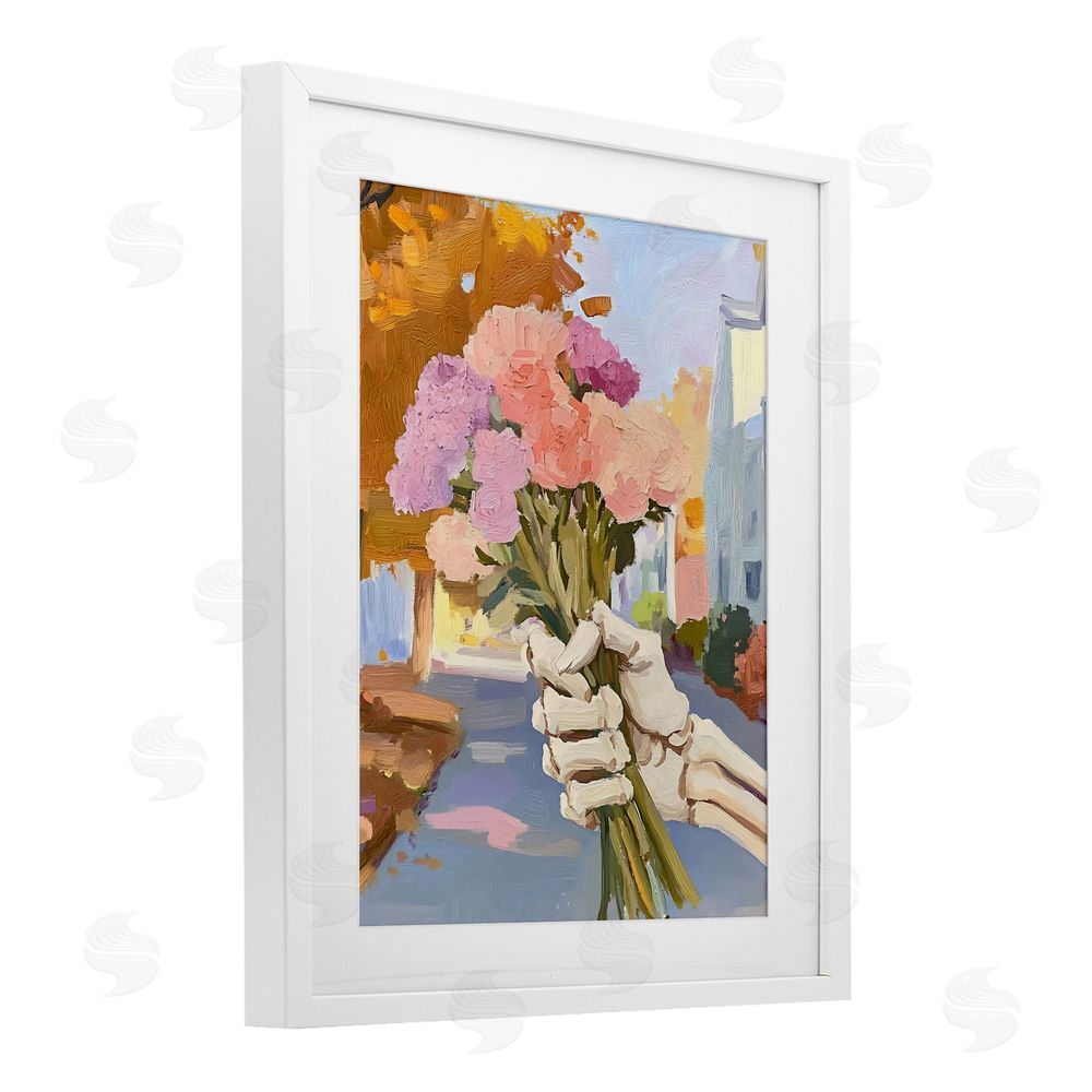The Prints Vibe Skeleton Hand Holding Flowers White Framed Print Under Glass with White Mat Wall Art