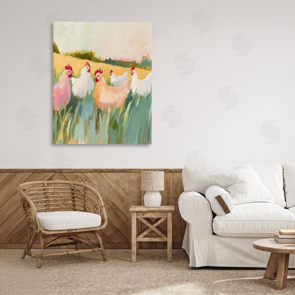 The Prints Vibe Sunlit Flock of Chickens Stretched Canvas on Wall