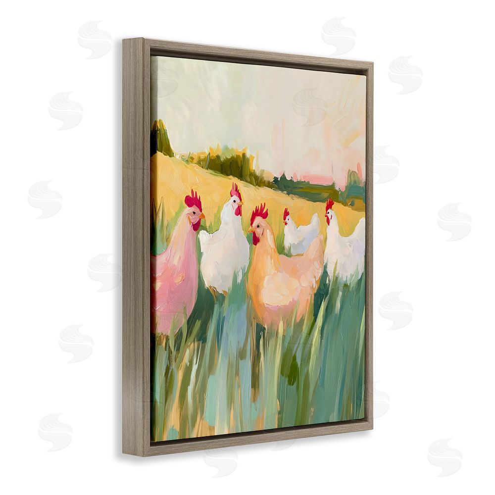 The Prints Vibe Sunlit Flock of Chickens Brown Floating Framed Canvas Wall Art Print