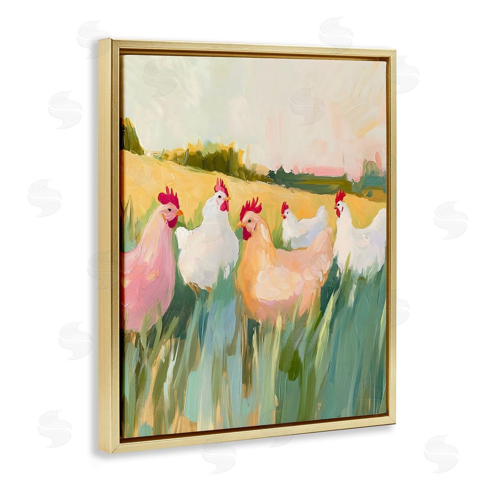 The Prints Vibe Sunlit Flock of Chickens Gold Floating Framed Canvas Wall Art Print