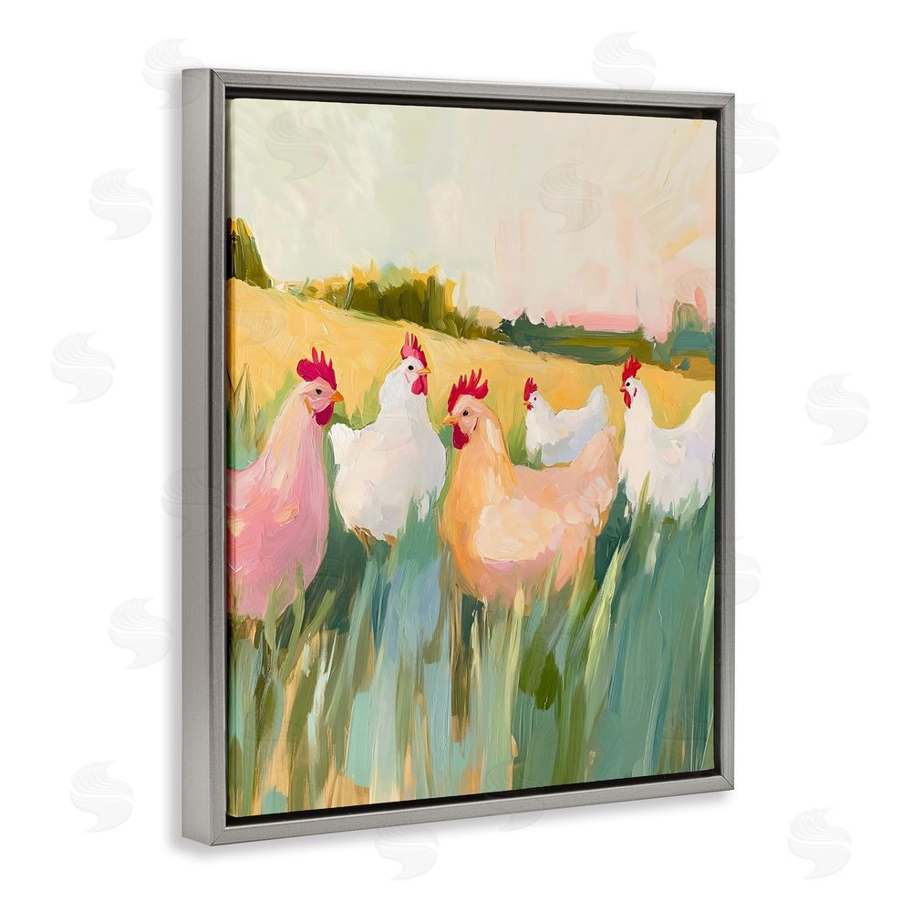 The Prints Vibe Sunlit Flock of Chickens Gray Floating Framed Canvas Wall Art Print