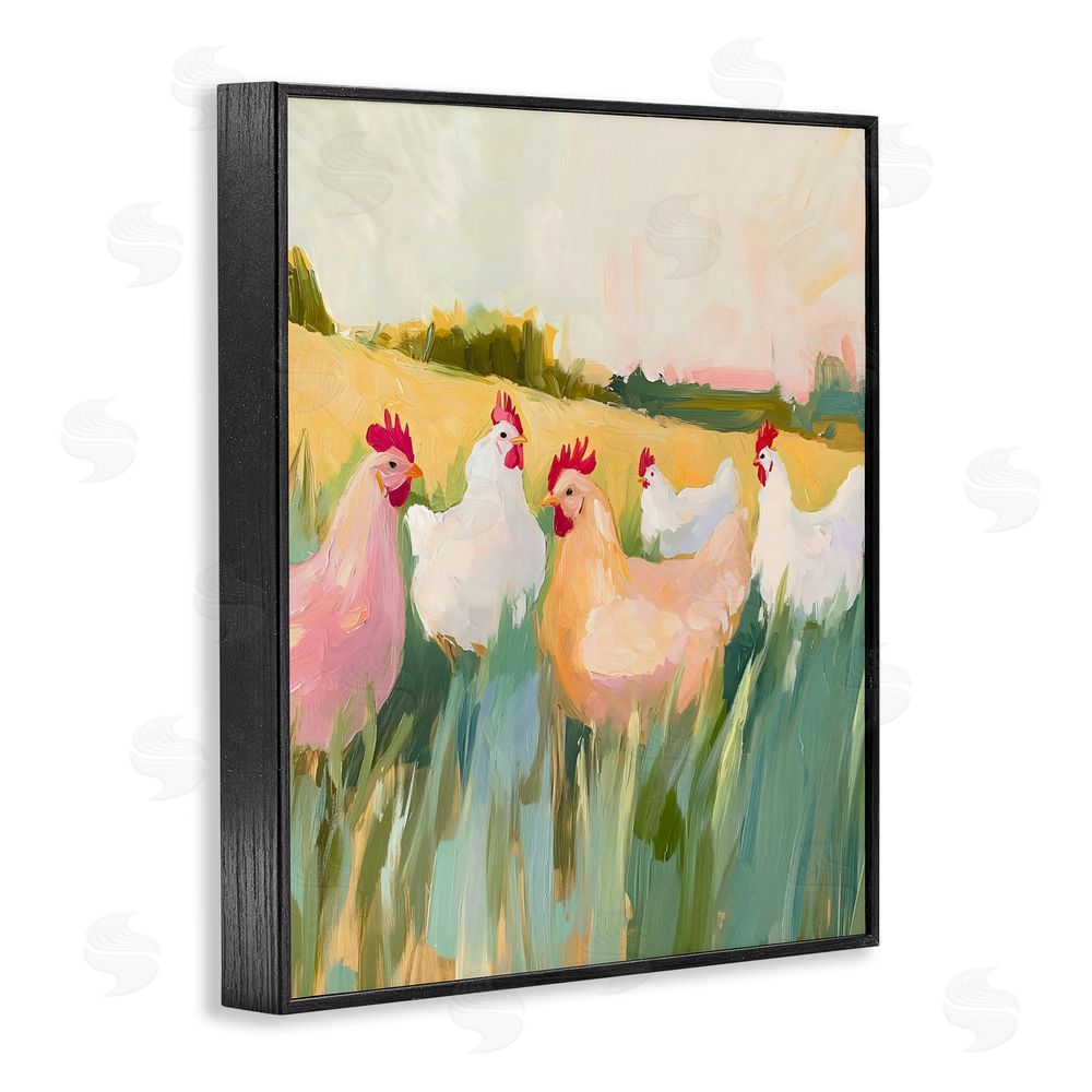 The Prints Vibe Sunlit Flock of Chickens Black Framed Giclee Wall Art Print