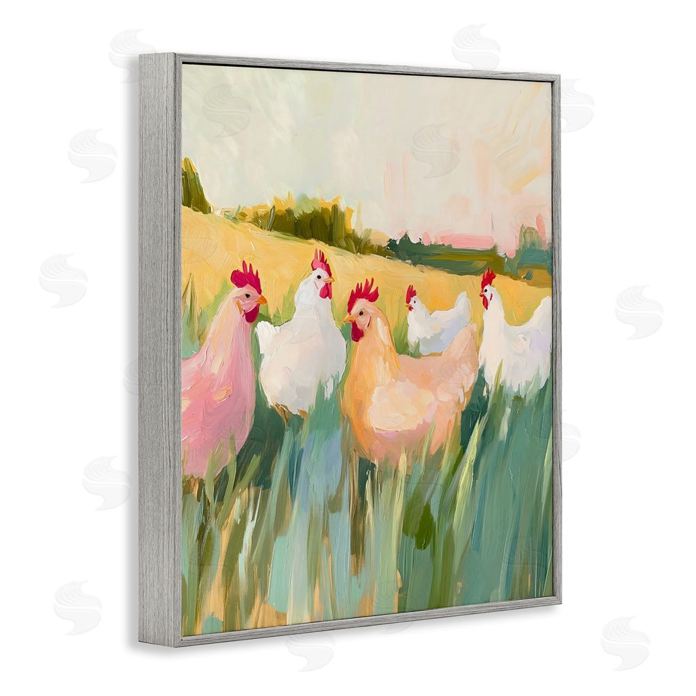 The Prints Vibe Sunlit Flock of Chickens Gray Framed Giclee Wall Art Print
