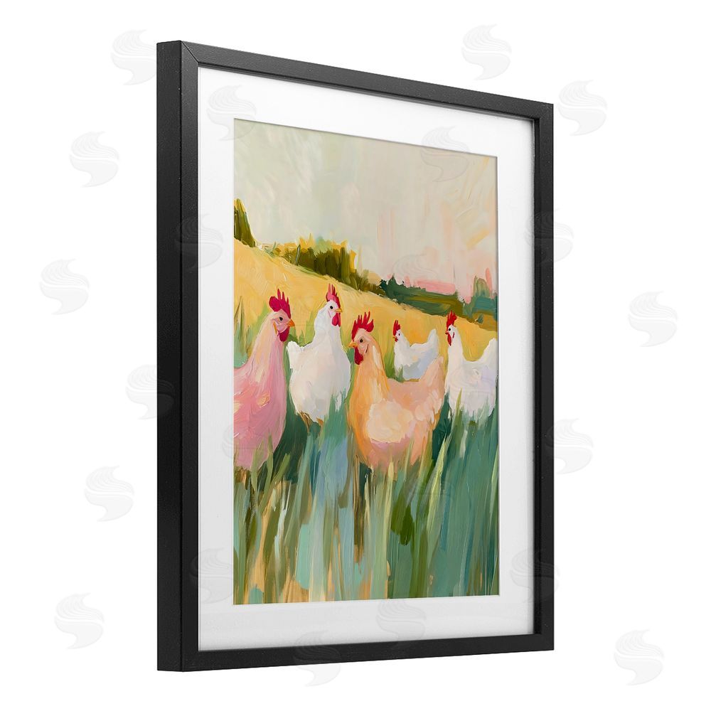 The Prints Vibe Sunlit Flock of Chickens Black Framed Print Under Glass with White Mat Wall Art