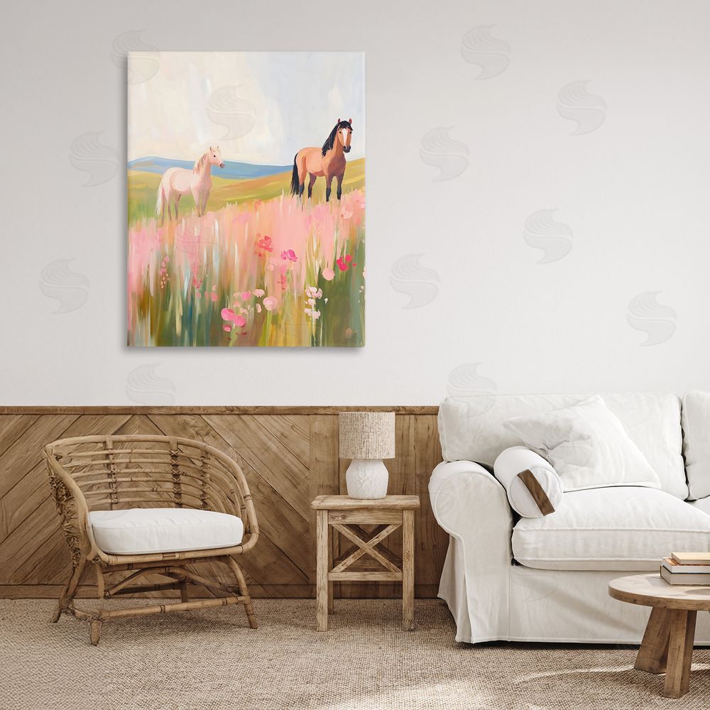 The Prints Vibe Wild Horses in Pink Meadow Stretched Canvas on Wall