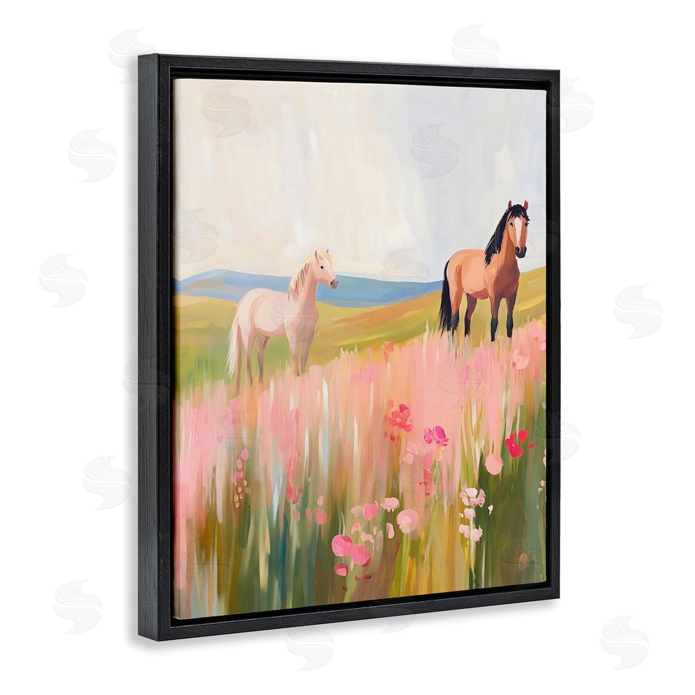 The Prints Vibe Wild Horses in Pink Meadow Black Floating Framed Canvas Wall Art Print