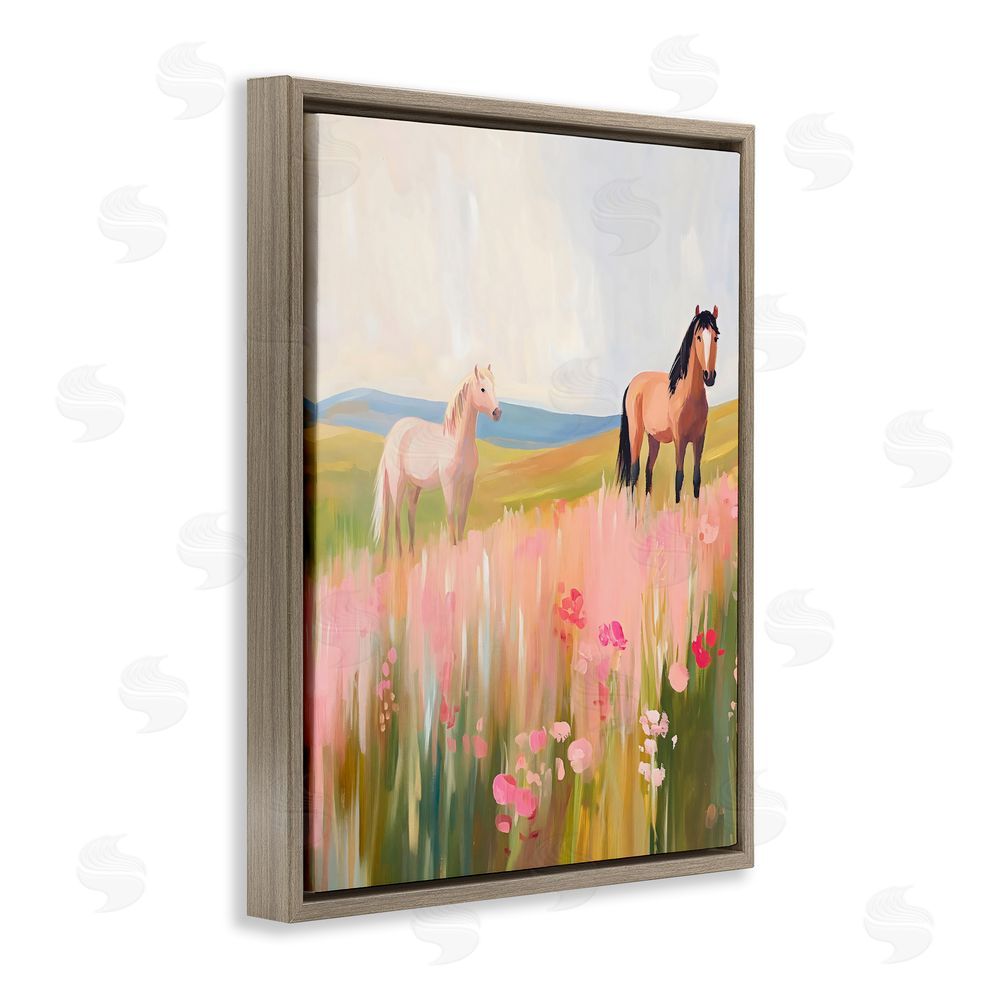 The Prints Vibe Wild Horses in Pink Meadow Brown Floating Framed Canvas Wall Art Print