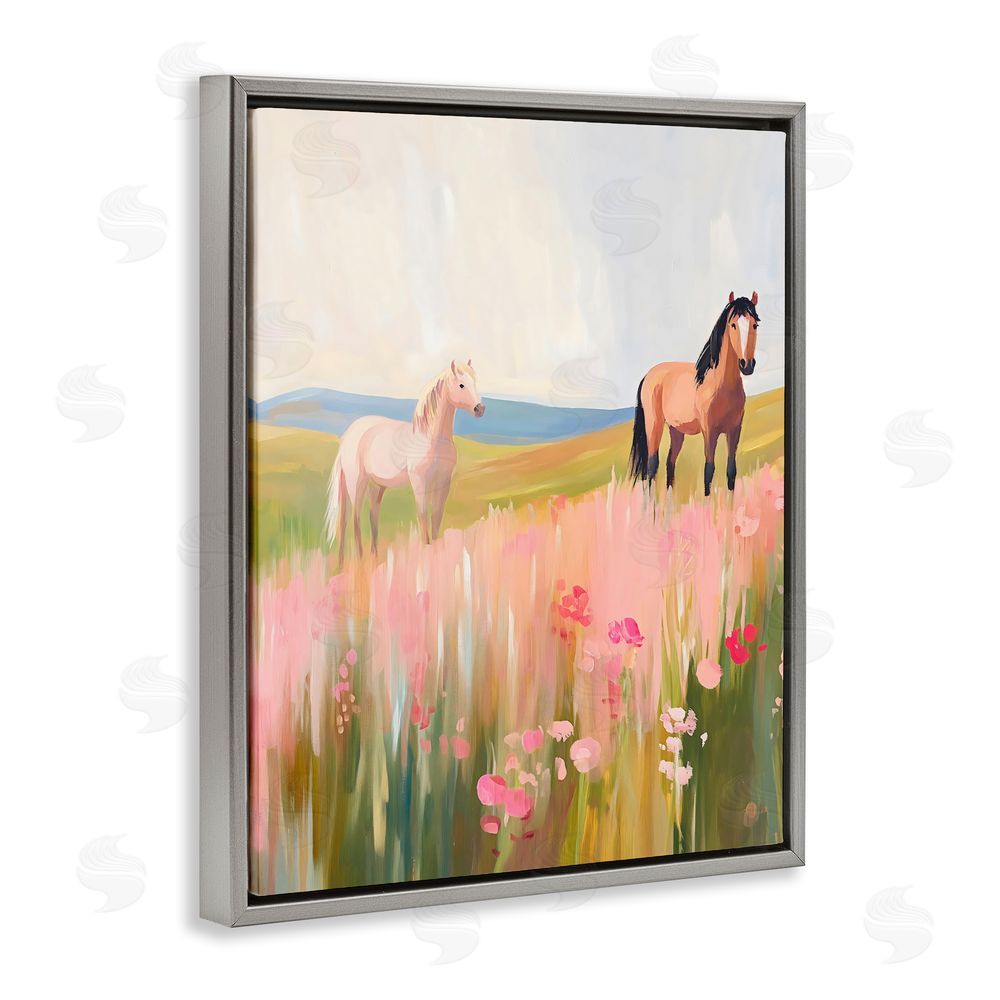 The Prints Vibe Wild Horses in Pink Meadow Gray Floating Framed Canvas Wall Art Print