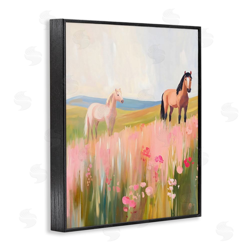 The Prints Vibe Wild Horses in Pink Meadow Black Framed Giclee Wall Art Print
