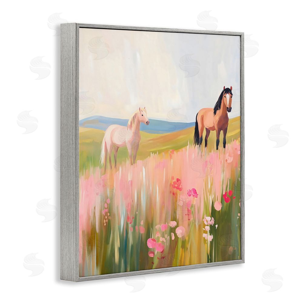 The Prints Vibe Wild Horses in Pink Meadow Gray Framed Giclee Wall Art Print