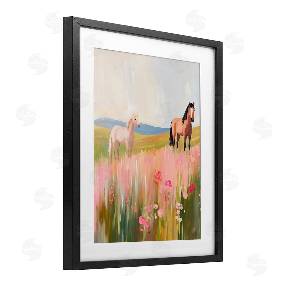 The Prints Vibe Wild Horses in Pink Meadow Black Framed Print Under Glass with White Mat Wall Art