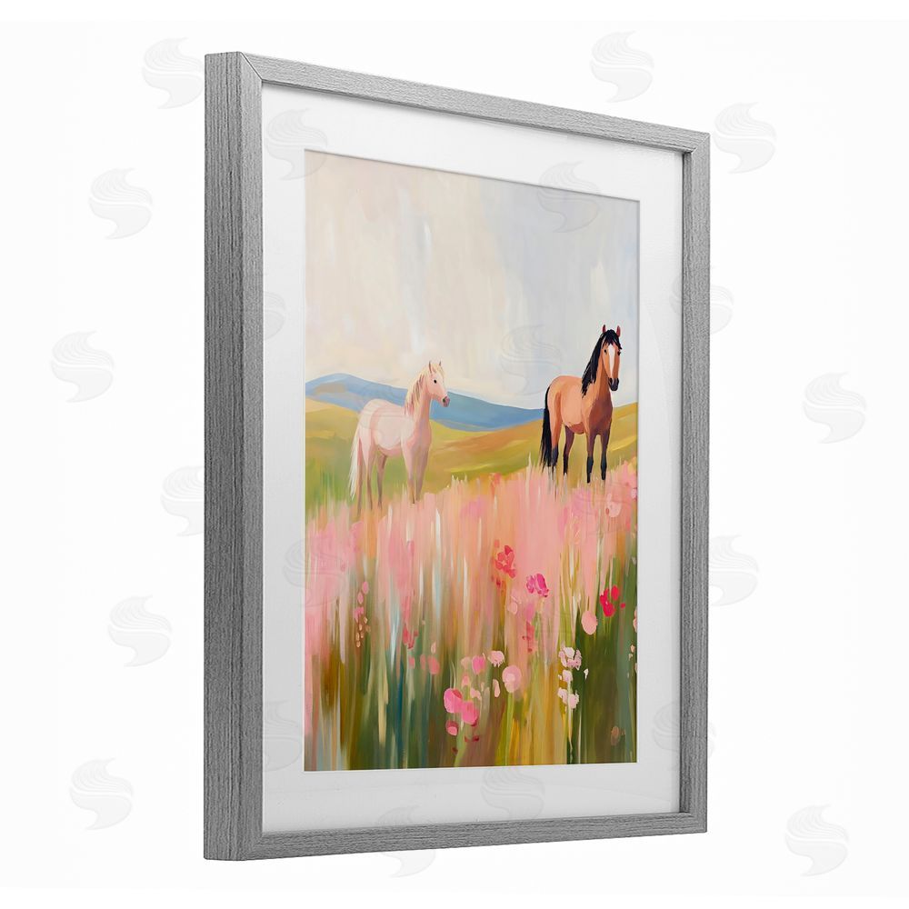 The Prints Vibe Wild Horses in Pink Meadow Gray Framed Print Under Glass with White Mat Wall Art