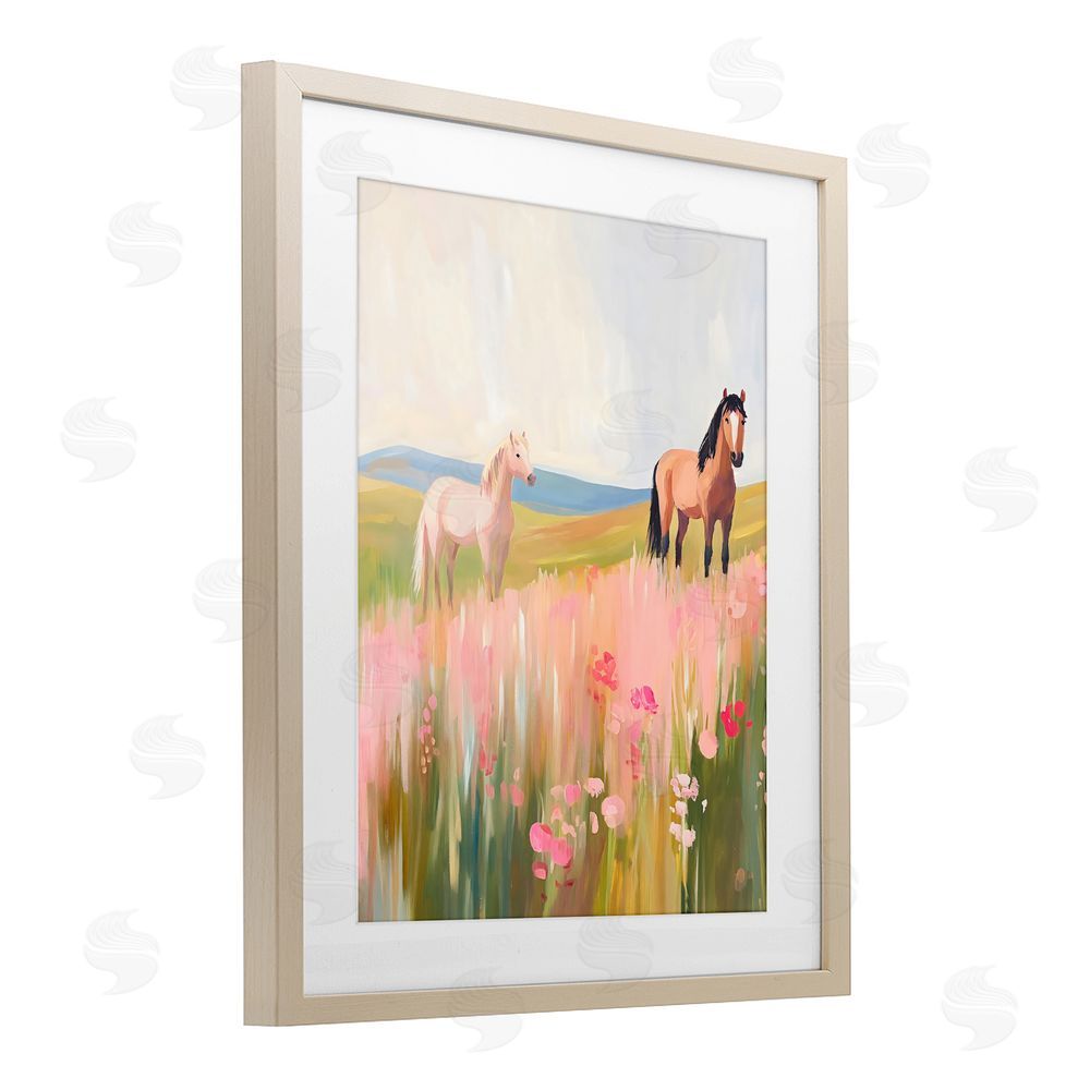 The Prints Vibe Wild Horses in Pink Meadow Brown Framed Print Under Glass with White Mat Wall Art