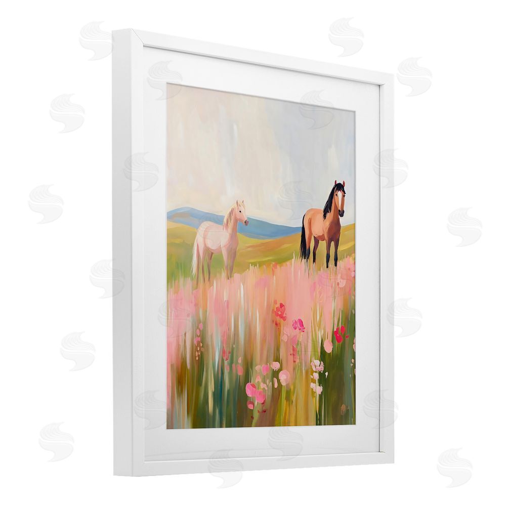 The Prints Vibe Wild Horses in Pink Meadow White Framed Print Under Glass with White Mat Wall Art