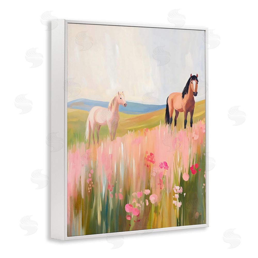 The Prints Vibe Wild Horses in Pink Meadow White Framed Giclee Wall Art Print