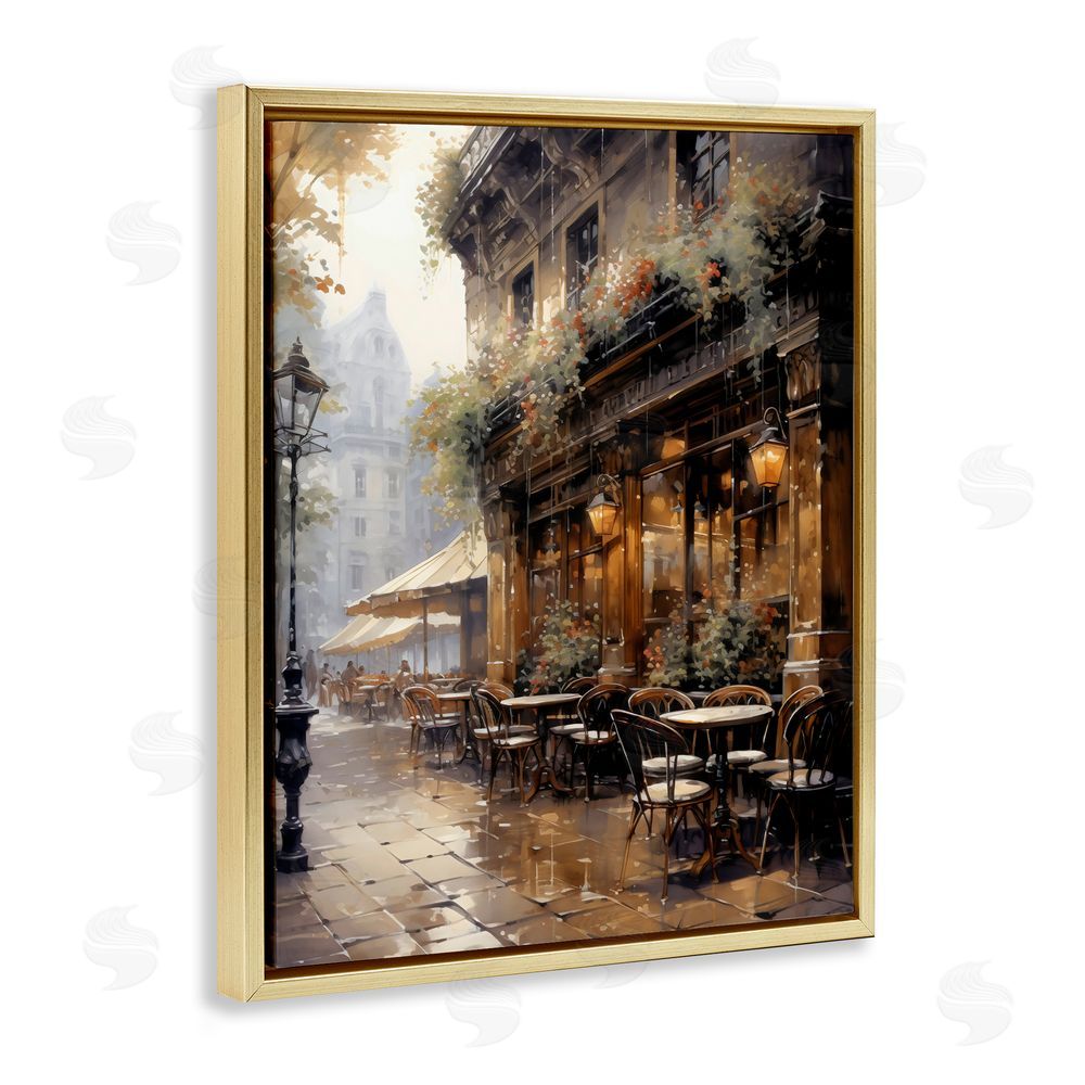 Creative Studio Paris Street Cafe in Rain Gold Floating Framed Canvas Wall Art