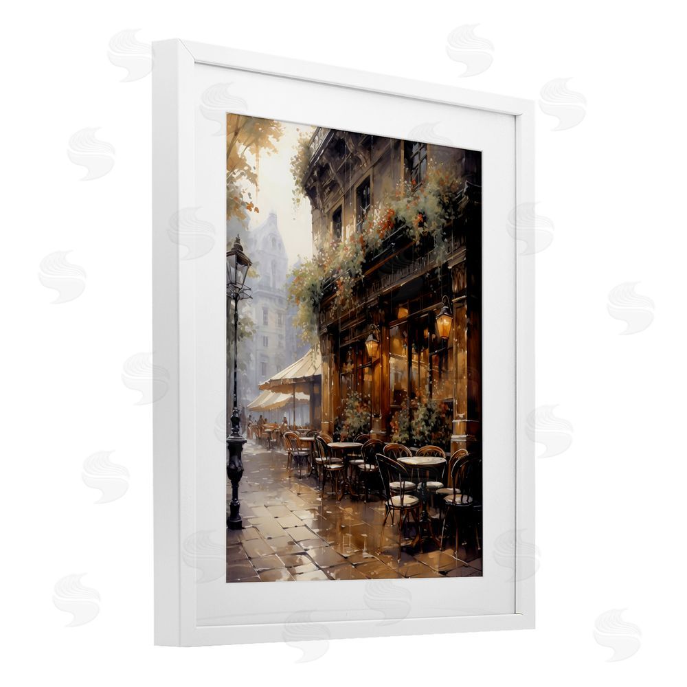 Creative Studio Paris Street Cafe in Rain White Framed Print Under Glass Wall Art