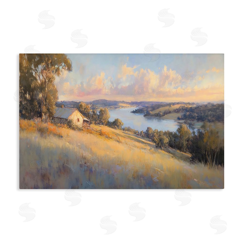 Creative Studio Hilltop Cottage in Sunset Glow Stretched Canvas Wall Art