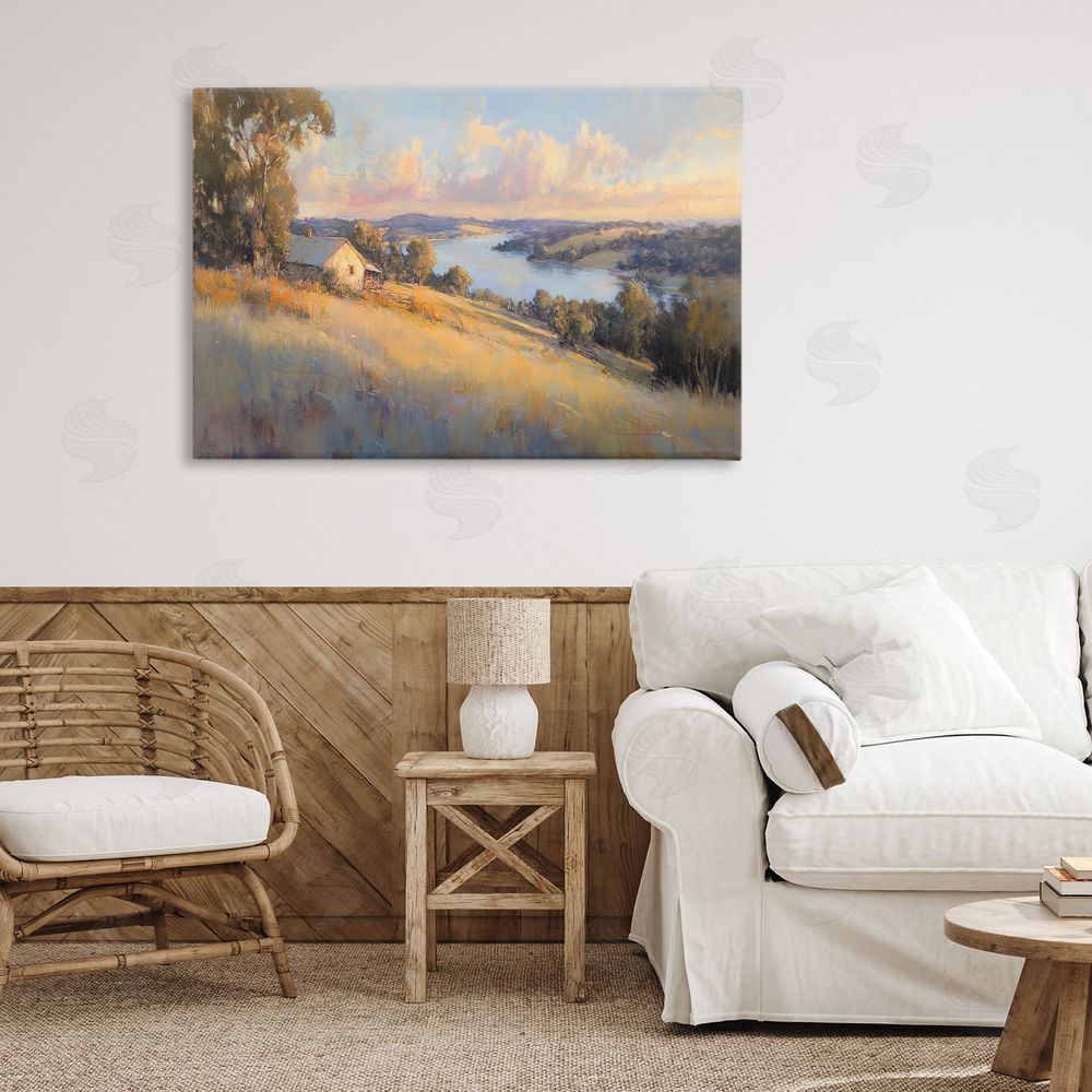 Creative Studio Hilltop Cottage in Sunset Glow Stretched Canvas Wall Art in Room