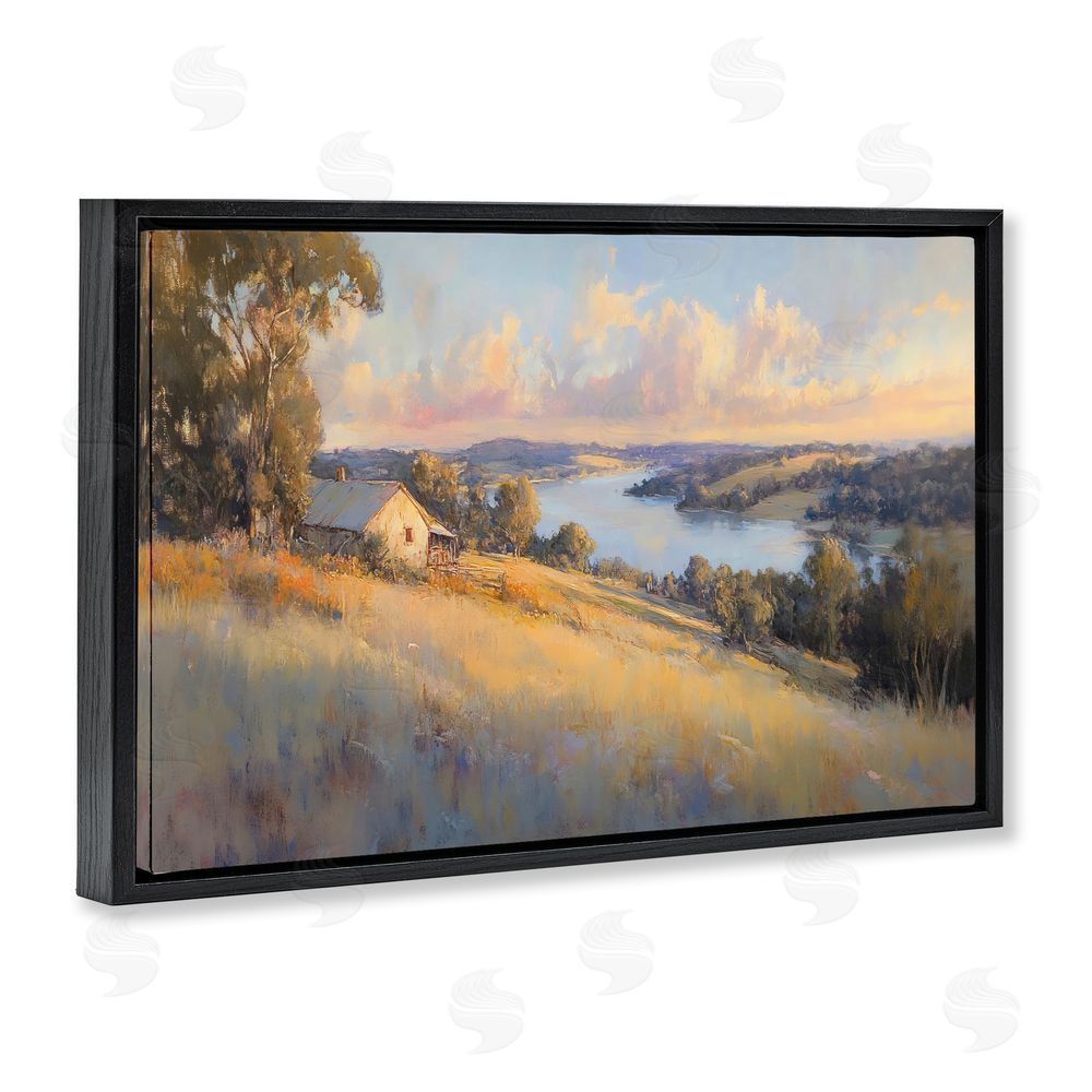 Creative Studio Hilltop Cottage in Sunset Glow Black Floating Framed Canvas Wall Art
