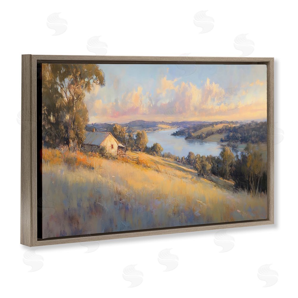 Creative Studio Hilltop Cottage in Sunset Glow Brown Floating Framed Canvas Wall Art