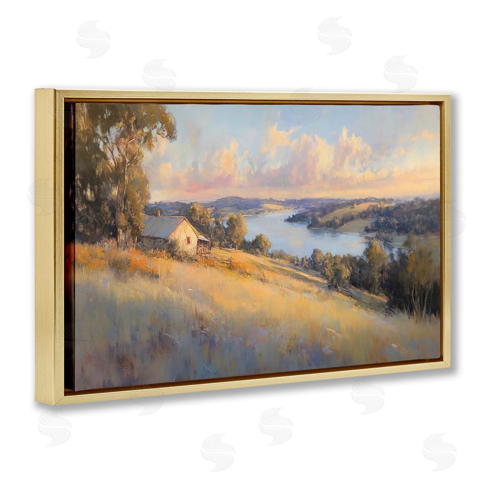 Creative Studio Hilltop Cottage in Sunset Glow Gold Floating Framed Canvas Wall Art