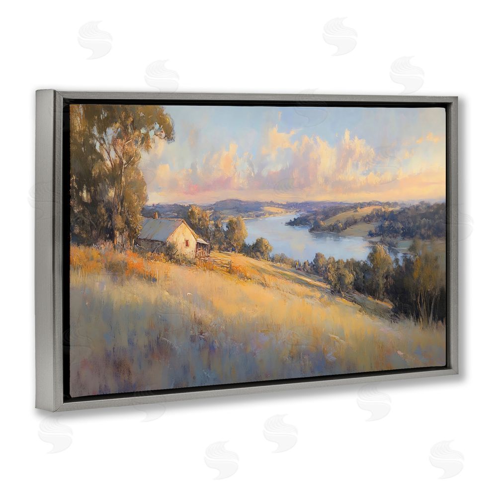 Creative Studio Hilltop Cottage in Sunset Glow Gray Floating Framed Canvas Wall Art