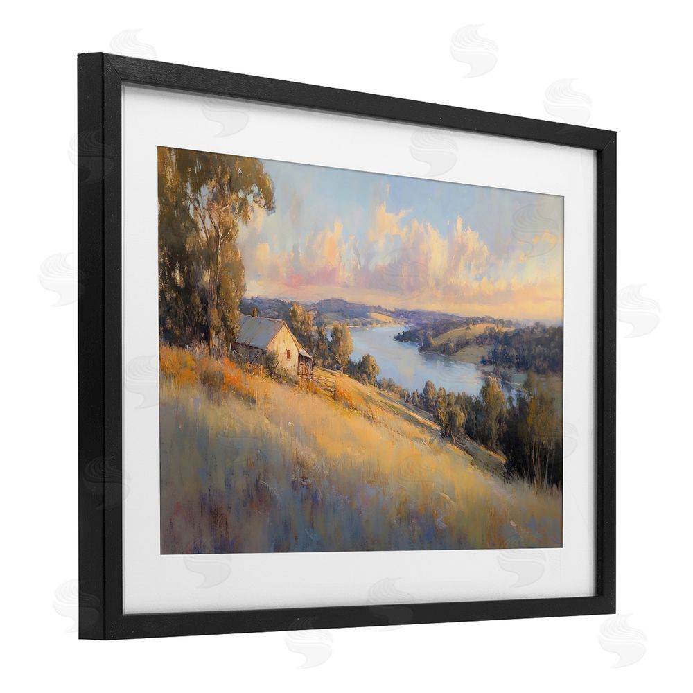 Creative Studio Hilltop Cottage in Sunset Glow Black Framed Print Under Glass Wall Art
