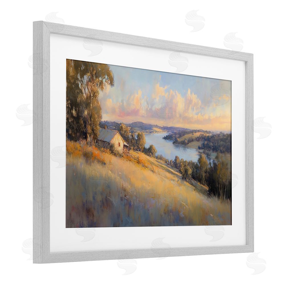 Creative Studio Hilltop Cottage in Sunset Glow Gray Framed Print Under Glass Wall Art